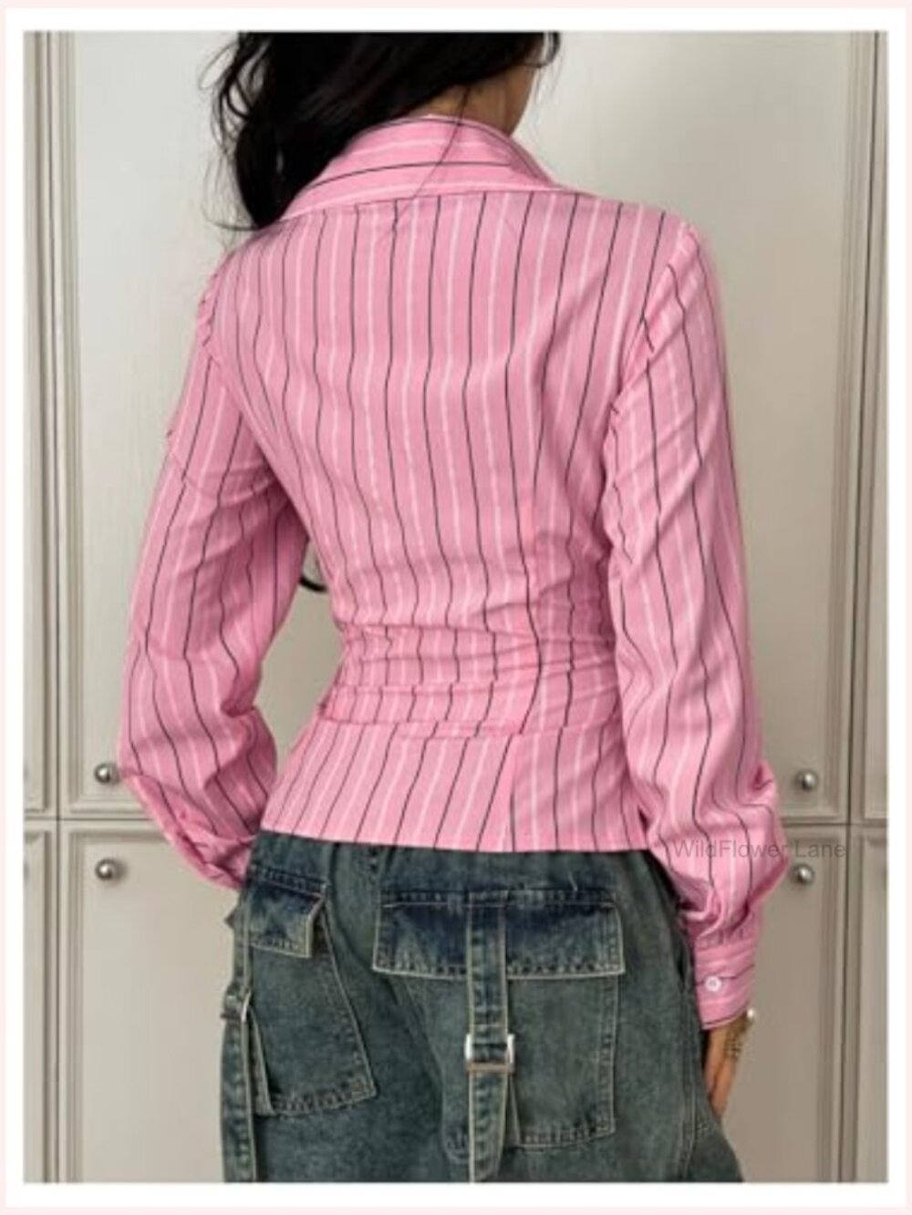 Striped Cinch Waist Long Sleeve Ruched Button Up Blouse Dressy Streetwear - Picture 2 of 6